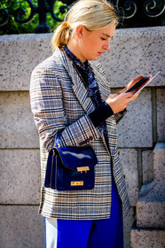 atmosphere details, black bag, blazer, blue bag, blue pants, brown jacket, camille charriere, checked jacket, detail, fashion week, frenchystyle, FW, graphic jacket, jonathan paciullo, leather bag, NEW YORK, NYFW, plaid, printed scarf, SPRING SUMMER 2018, SS 18, street style, suede bag, trousers, vertical