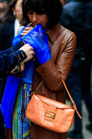 blue pants, blue shirt, brown coat, carola bernard, fendi, geometric, graphic bag, graphic pants, leather bag, leather coat, monogram, orange bag, printed bag, printed pants, striped pants, trousers, frenchystyle, jonathan paciullo, street style, NYFW, NEW YORK, AUTUMN WINTER 2019-2020, AW 19-20, FALL WINTER 2019-2020, FW 19-20, fashion week, FW, vertical, atmosphere details, detail