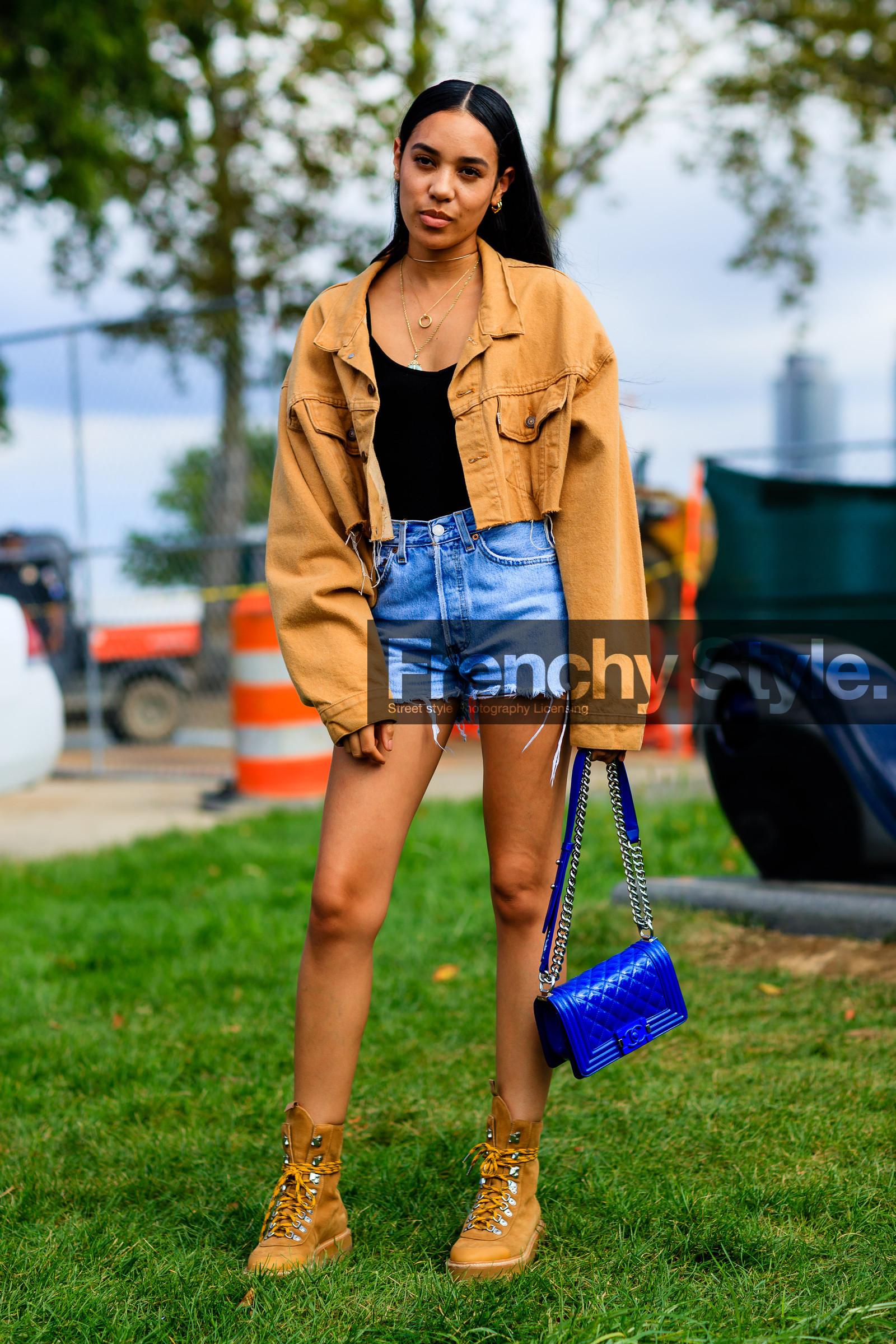 aleali may, beige boots, beige jacket, black top, blue bag, blue denim, boy bag, caterpillar, chanel, denim jacket, denim shorts, fashion week, frenchystyle, full length, FW, jonathan paciullo, leather bag, levi's, levi's strauss, NEW YORK, NYFW, SPRING SUMMER 2017, SS 17, street style, suede shoes, vertical, woman