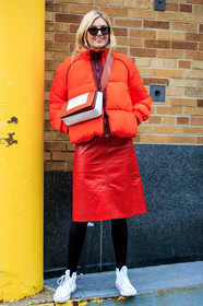 AUTUMN WINTER 2017-2018, AW 17-18, camille charriere, converse, céline, down jacket, FALL WINTER 2017-2018, fashion week, frenchystyle, full length, FW, FW 17-18, graphic bag, jonathan paciullo, leather bag, leather skirt, NEW YORK, NYFW, printed bag, red bag, red jacket, red skirt, street style, sunglasses, tights, vertical, white sneakers