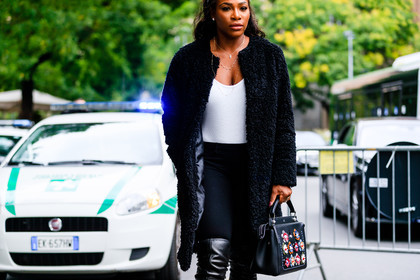 atmosphere details, black bag, black boots, black coat, black jacket, black pants, detail, embroidered bag, fashion week, fendi, floral, flower, frenchystyle, FW, high boots, horizontal, jonathan paciullo, leather bag, MFW, MILAN, serena williams, SPRING SUMMER 2017, SS 17, street style, trousers, white top
