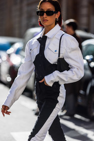 Alexandra Guerain, bag, bicolor jacket, bicolor pants, black and white, black bag, black denim, black jacket, black jean, black sunglasses, denim jacket, denim pants, earrings, sunglasses, white denim, white jacket, white jean, street style, jonathan paciullo, FW, frenchystyle, fashion week, PFW, PARIS, SPRING SUMMER 2022, SS 22, vertical, atmosphere details