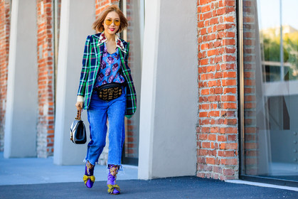 atmosphere details, black and white bag, blazer, blue denim, blue shirt, checked jacket, denim pants, embroidered shoes, fanny pack, fashion week, frenchystyle, full length, FW, glitter, graphic bag, graphic jacket, graphic shirt, green jacket, gucci, high heels, horizontal, jeans, jonathan paciullo, leather bag, leather shoes, MFW, MILAN, plaid, printed bag, printed jacket, printed shirt, purple boots, sequined boots, shiny shoes, SPRING SUMMER 2018, SS 18, street style, sunglasses, tartan, trousers