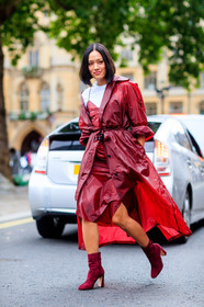 bordeaux, burgundy, fashion week, frenchystyle, full length, FW, high heels, jonathan paciullo, leather shoes, LFW, LONDON, raincoat, red boots, red coat, red dress, SPRING SUMMER 2018, SS 18, street style, Tiffany Hsu, vertical, white t shirt