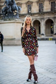 bag, black shirt, boots, brown boots, brown skirt, high boots, leather boots, leather skirt, logo print, louis vuitton bag, louis vuitton look, multicolor, pink bag, print, printed skirt, Romee Strijd, shirt, short skirt, skirt, fashion week, frenchystyle, FW, jonathan paciullo, street style, PFW, PARIS, SPRING SUMMER 2022, SS 22, vertical, full length
