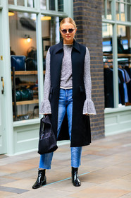 beige sweater, black bag, black jacket, blue denim, denim pants, fashion week, fishnet, frenchystyle, full length, FW, high heels, jeans, jonathan paciullo, leather bag, leather boots, leather shoes, LFW, LONDON, sleeveless, SPRING SUMMER 2017, SS 17, street style, sunglasses, trousers, varnished leather, varnished leather shoes, vertical, woman