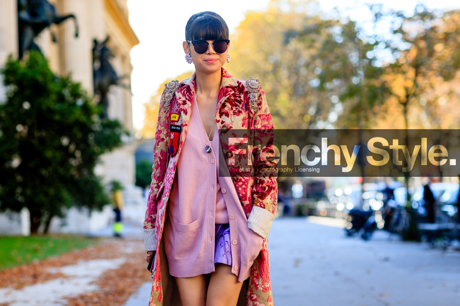 atmosphere details, detail, earrings, embroidered coat, fashion week, floral, flower, frenchystyle, FW, horizontal, jonathan paciullo, leaf greener, miu miu, PARIS, PFW, pink cardigan, printed coat, red coat, SPRING SUMMER 2017, SS 17, street style, sunglasses