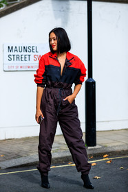 black shoes, bordeaux, burgundy, leather shoes, purple jumpsuit, red, red lips, Tiffany Hsu, trousers, fashion week, frenchystyle, FW, jonathan paciullo, street style, LFW, LONDON, SPRING SUMMER 2019, SS 19, vertical, full length