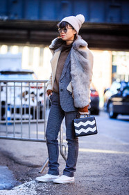 AUTUMN WINTER 2016-2017, AW 16-17, beige fur, black suit, brown knit, brown sweater, checked suit, christian dior, converse, fashion week, frenchystyle, full length, fur coat, fur jacket, FW, FW 16-17, graphic bag, graphic suit, jonathan paciullo, leaf greener, leather bag, NEW YORK, NYFW, plaid, pompons, printed bag, printed suit, street style, vertical, white beanie, white fur, white sneakers, woman