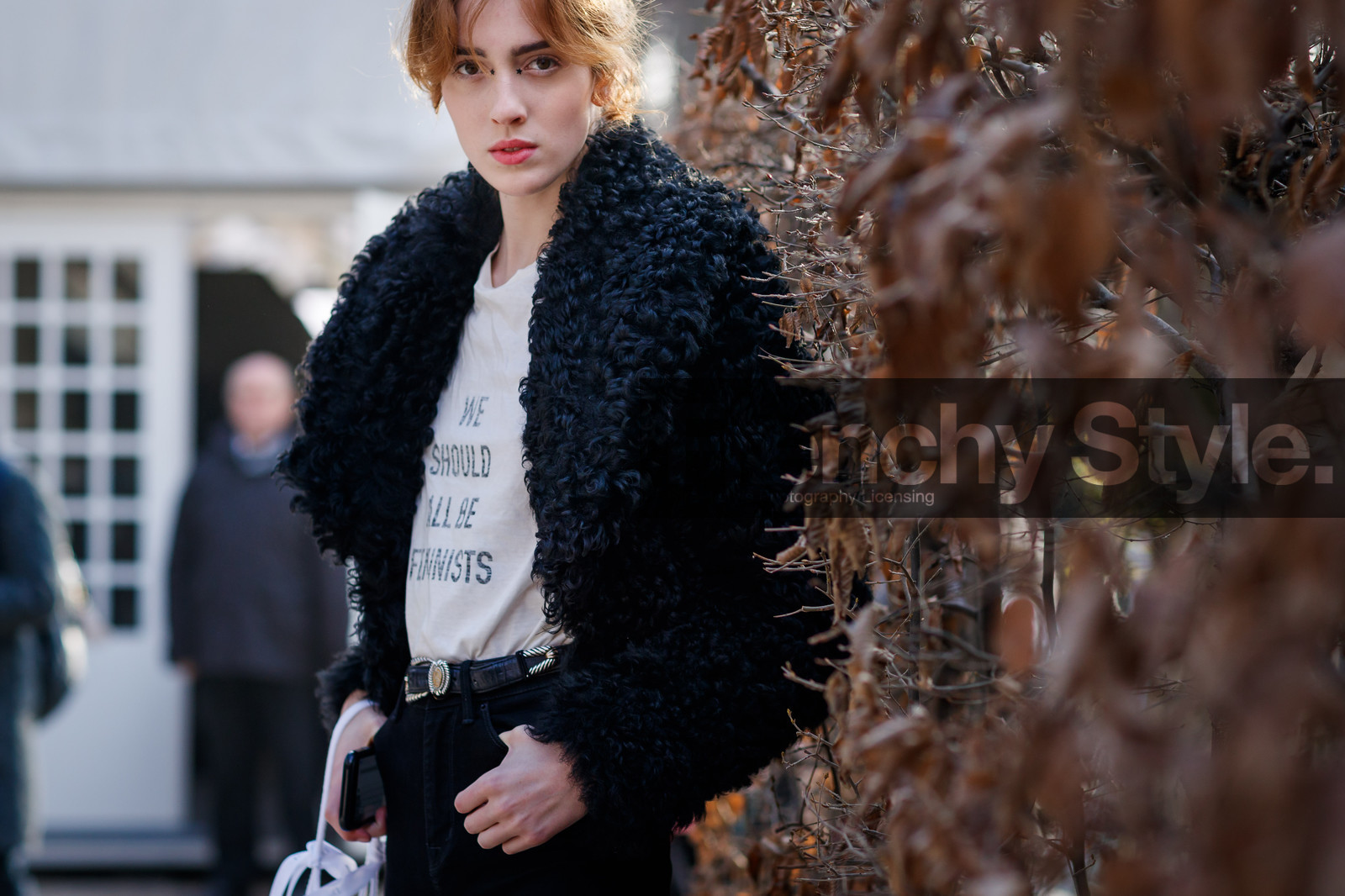 black belt, black jacket, christian dior, fur jacket, leather belt, printed t shirt, shearling, trousers, white t shirt, fashion week, frenchystyle, FW, jonathan paciullo, street style, PFW, PARIS, SPRING SUMMER 2017, SS 17, HAUTE COUTURE, atmosphere details, detail, horizontal, teddy quinlivan, model