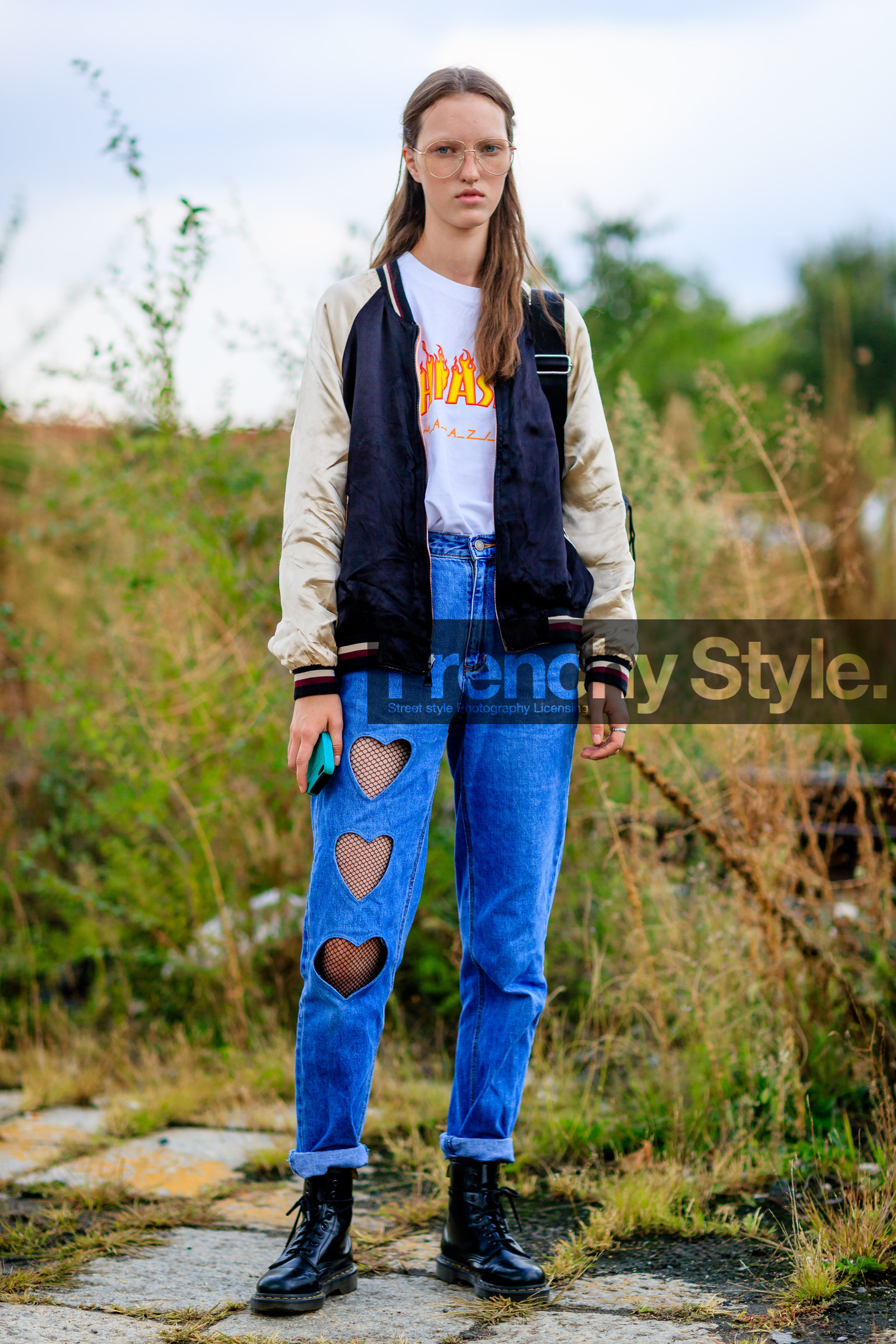 black boots, black jacket, blue denim, bomber jacket, denim pants, dr martens, fashion week, frenchystyle, full length, FW, jeans, jonathan paciullo, laser cut, leather shoes, liza ostanina, MFW, MILAN, model, printed t shirt, SPRING SUMMER 2017, SS 17, street style, trousers, vertical, white t shirt