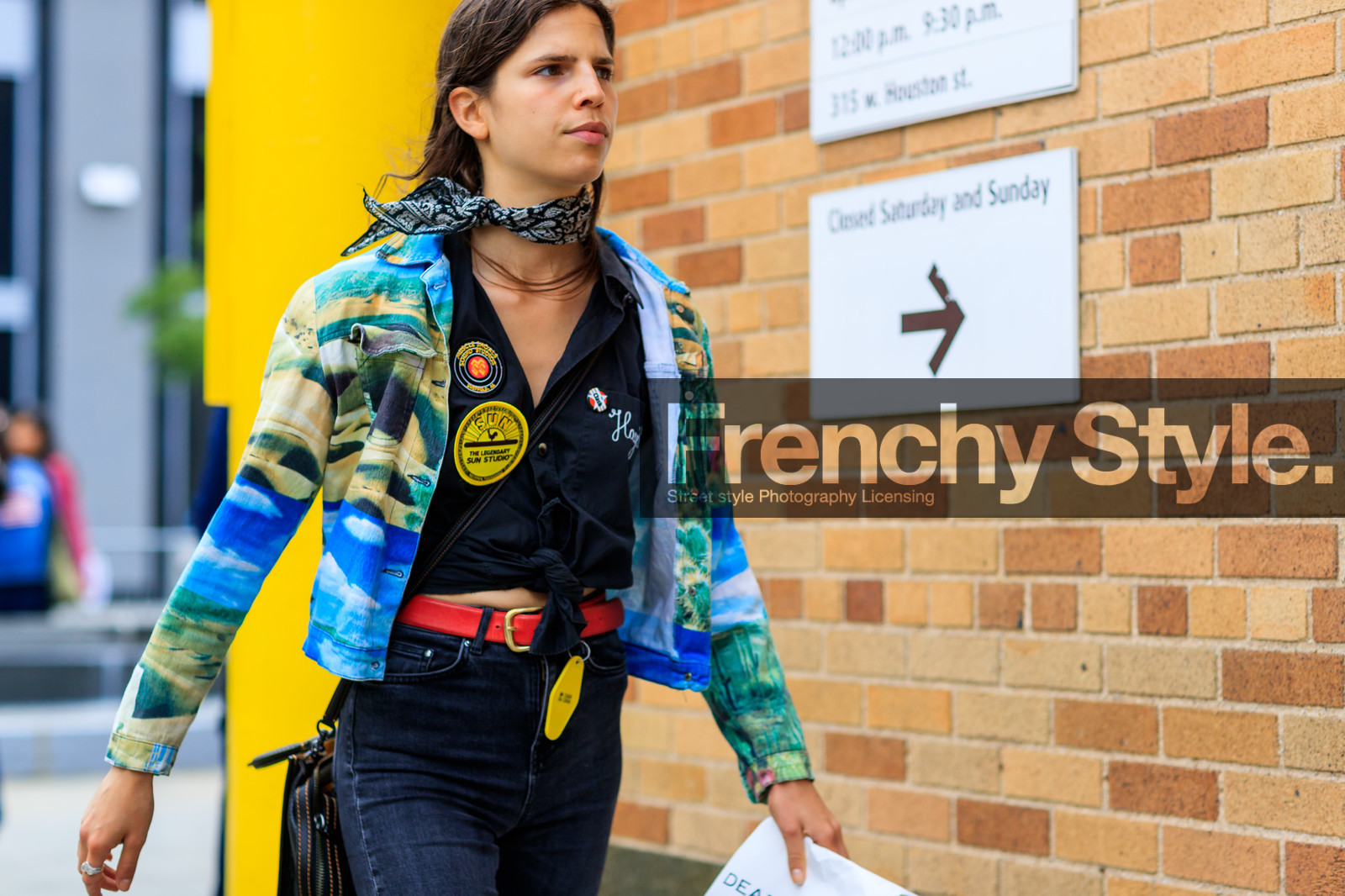 atmosphere details, black bandana, black denim, black shirt, denim pants, detail, fashion week, frenchystyle, FW, Hayett McCarthy, horizontal, jeans, jonathan paciullo, leather bag, leather belt, model, multicolor jacket, NEW YORK, NYFW, pins, printed jacket, red belt, SPRING SUMMER 2018, SS 18, street style, trousers