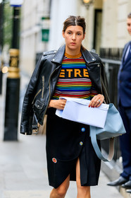 black jacket, black perfecto, black skirt, blue bag, graphic sweater, leather bag, leather jacket, leather perfecto, message, multicolor sweater, over the shoulder, printed sweater, stripes, fashion week, frenchystyle, FW, jonathan paciullo, street style, LFW, LONDON, SPRING SUMMER 2019, SS 19, vertical, detail, atmosphere details
