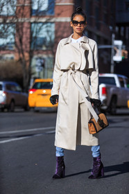 AUTUMN WINTER 2016-2017, AW 16-17, beige coat, blue denim, brown bag, camel bag, denim pants, fashion week, frenchystyle, full length, FW, FW 16-17, high heels, jeans, jonathan paciullo, leather bag, NEW YORK, NYFW, purple boots, skinny jeans, street style, suede bag, sunglasses, trench coat, trousers, velvet, vertical, white coat, woman
