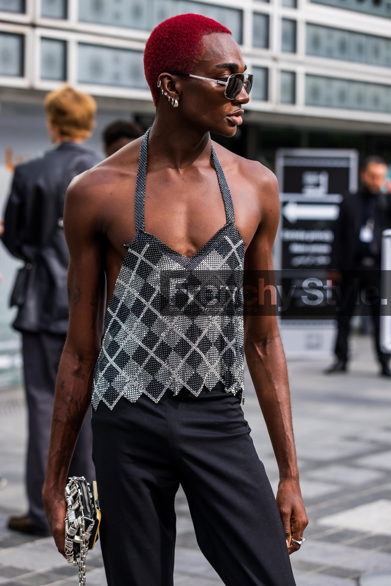 aviator sunglasses, bag, black pants, check, checked top, earrings, menswear, pants, printed top, Rickey Thompson, statement bag, strass, strassed top, sunglasses, tattoo, fashion week, frenchystyle, FW, jonathan paciullo, street style, PFW, PARIS, SPRING SUMMER 2022, SS 22, vertical, atmosphere details