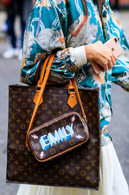 atmosphere details, brown bag, detail, fashion week, frenchystyle, FW, graphic bag, green jacket, jonathan paciullo, leather bag, LFW, LONDON, long dress, louis vuitton, monogram, printed bag, printed jacket, SPRING SUMMER 2018, SS 18, street style, vertical, white dress