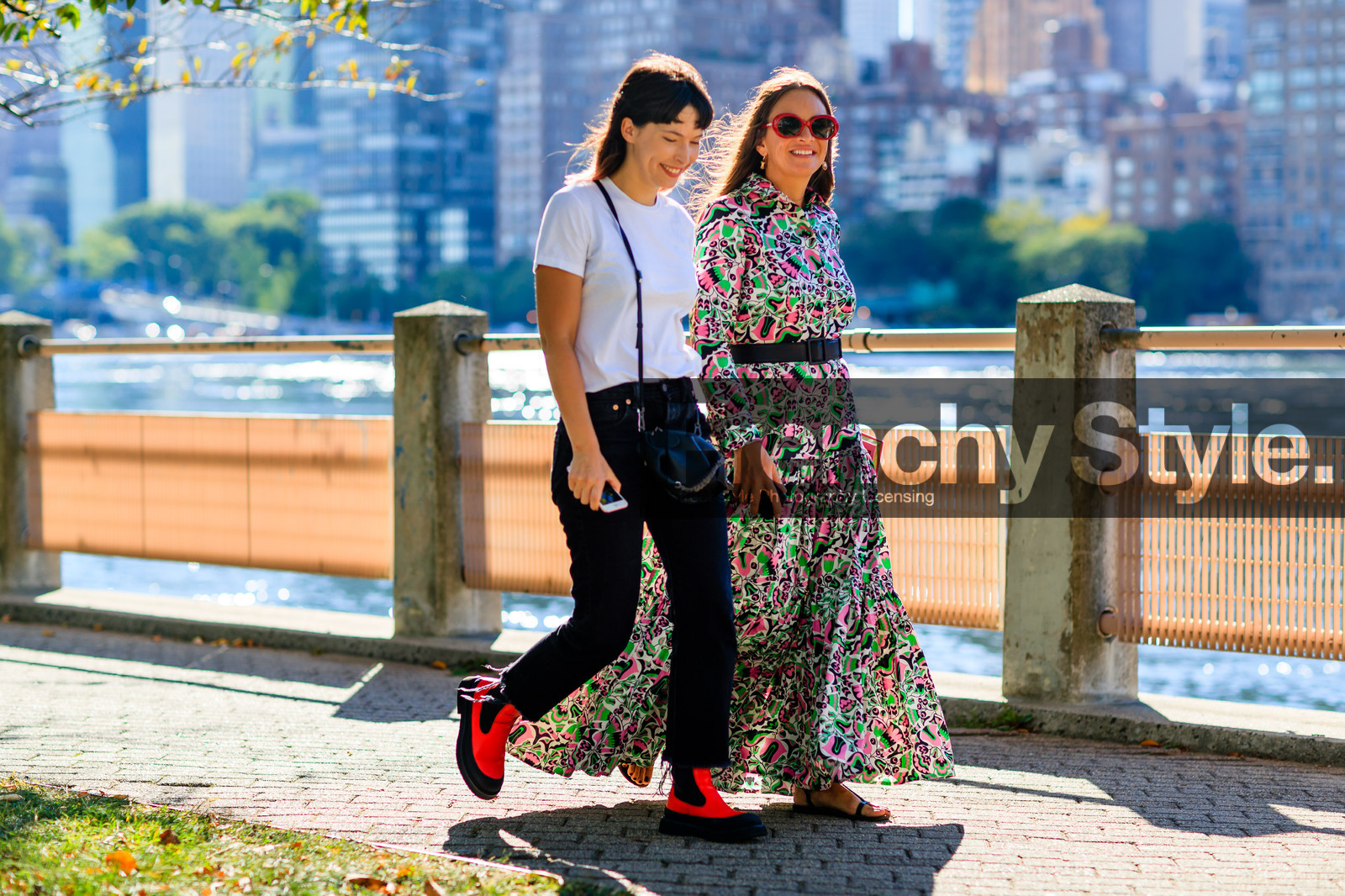 atmosphere details, black bag, black belt, black denim, black sandals, clara cornet, denim pants, fashion week, frenchystyle, full length, FW, horizontal, jeans, jonathan paciullo, laure heriard dubreuil, leather bag, leather belt, leather boots, leather shoes, long dress, multicolor dress, NEW YORK, NYFW, printed dress, red boots, SPRING SUMMER 2017, SS 17, street style, sunglasses, trousers, white t shirt, woman