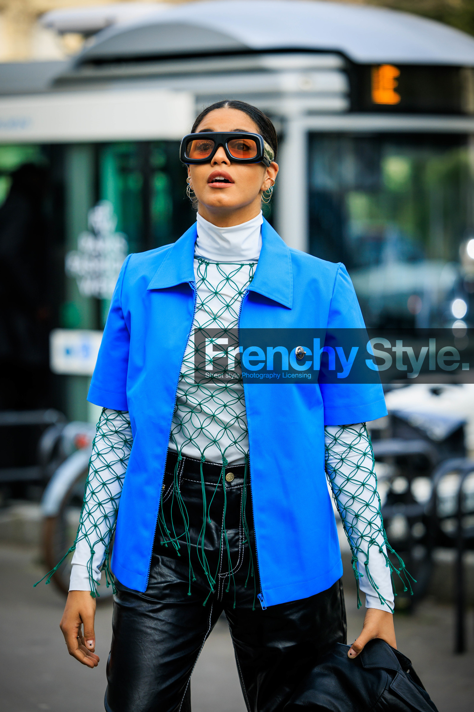 fishnet top, blue shirt, white turtleneck, black sunglasses, black pants, leather pants, fashion week, frenchystyle, FW, jonathan paciullo, street style, AUTUMN WINTER 2022-2023, FALL WINTER 2022_2023, FW 22-23, PFW, PARIS, vertical, detail