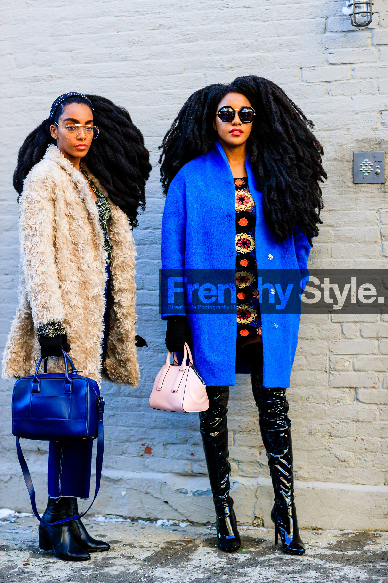 AUTUMN WINTER 2017-2018, AW 17-18, beige coat, beige fur, beige jacket, black boots, black gloves, blue bag, blue coat, Cipriana And Takenya Quann, FALL WINTER 2017-2018, fashion week, frenchystyle, full length, fur jacket, FW, FW 17-18, high heels, jonathan paciullo, knit dress, leather bag, leather boots, multicolor dress, NEW YORK, NYFW, pink bag, street style, sunglasses, trousers, varnished leather shoes, vertical