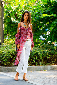 brown belt, brown sandals, chiara totire, cold shoulders, floral, flowers, graphic pants, hippie, leather belt, leather shoes, necklace, printed pants, printed top, red top, striped pants, trousers, white pants, street style, jonathan paciullo, FW, frenchystyle, fashion week, MFW, MILAN, SPRING SUMMER 2019, SS 19, vertical, full length