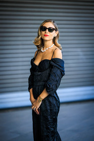black sunglasses, pearl necklcae, black midi dress, creased dress, leather sandals, red lips, jenny walton, fashion week, frenchystyle, FW, jonathan paciullo, street style, vertical, atmosphere details, detail