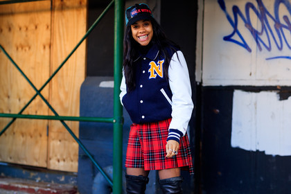 american, black cap, checked, fanny pack, graphic skirt, miu miu, plaid, pleated skirt, printed skirt, red bag, red skirt, tartan, teddy jacket, street style, jonathan paciullo, FW, frenchystyle, fashion week, NYFW, NEW YORK, AUTUMN WINTER 2018-2019, AW 18-19, FALL WINTER 2018-2019, FW 18-19, atmosphere details, horizontal, detail, jan-michael quammie