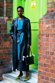 animal print, black bag, black belt, black coat, green dress, high heels, leather bag, leather belt, leather coat, leather dress, leather shoes, model, snake print, yellow shoes, fashion week, frenchystyle, FW, jonathan paciullo, street style, LFW, LONDON, SPRING SUMMER 2019, SS 19, vertical, full length