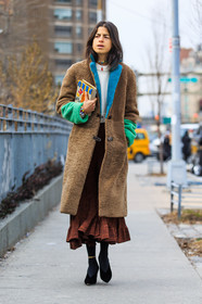 AUTUMN WINTER 2016-2017, AW 16-17, black heels, brown coat, brown skirt, fashion week, frenchystyle, full length, fun bag, fur coat, FW, FW 16-17, high heels, jonathan paciullo, long skirt, NEW YORK, NYFW, olympia le tan, street style, sunglasses, vertical, white knit, woman