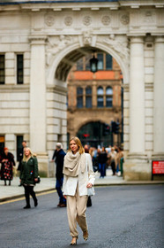 animal print, beige jacket, beige pants, beige sweater, brown shoes, high heels, leather bag, leather shoes, leopard, lisa aiken, over the shoulder, sweatpants, tone on tone, total look beige, trousers, white bag, street style, jonathan paciullo, FW, frenchystyle, fashion week, LFW, LONDON, AUTUMN WINTER 2019-2020, AW 19-20, FW 19-20, FALL WINTER 2019-2020, vertical, full length