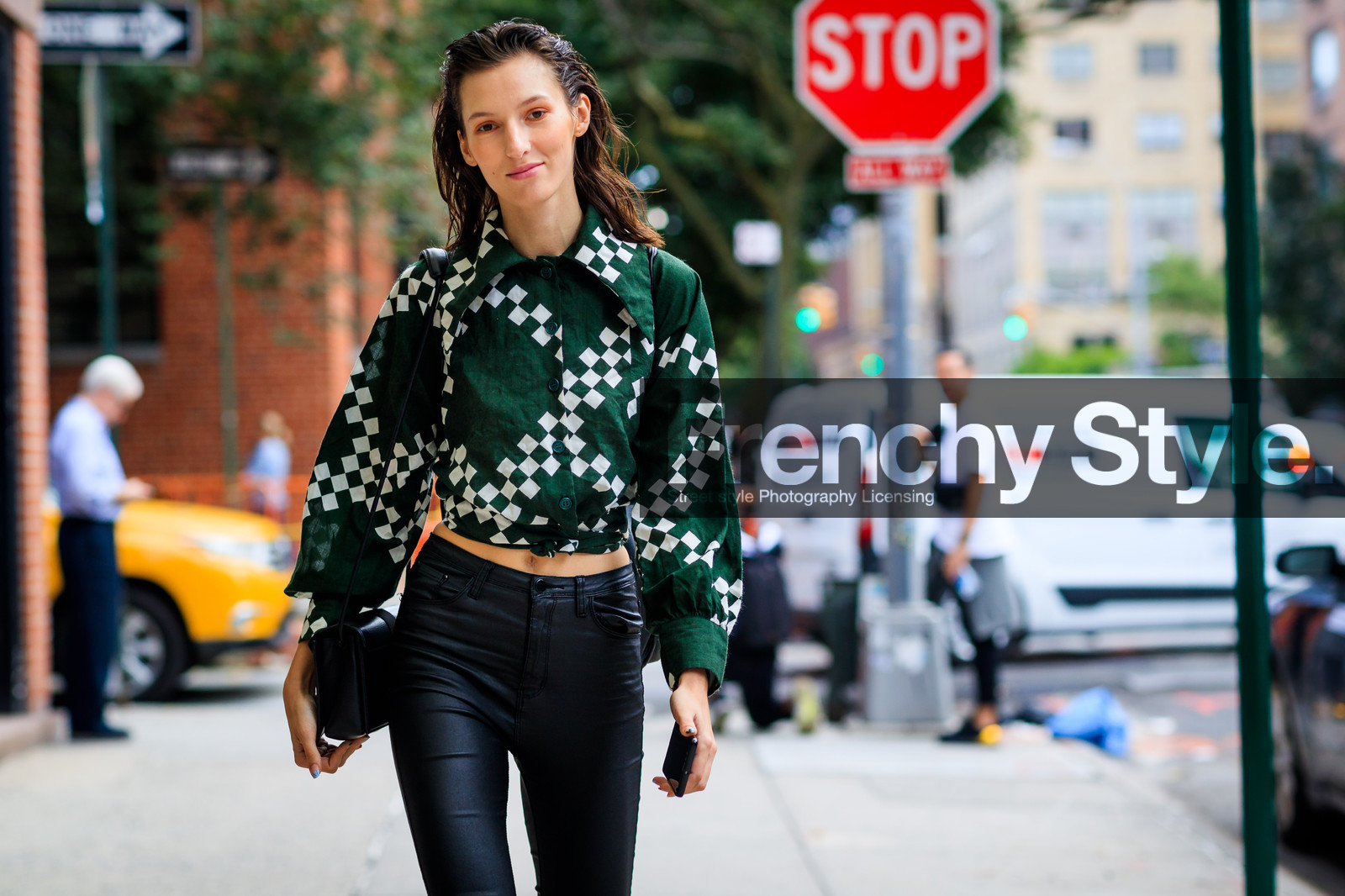 atmosphere details, black bag, black pants, checked jacket, detail, fashion week, frenchystyle, FW, graphic jacket, green jacket, horizontal, jonathan paciullo, leather bag, leather pants, model, NEW YORK, NYFW, plaid, printed jacket, SPRING SUMMER 2018, SS 18, street style, trousers