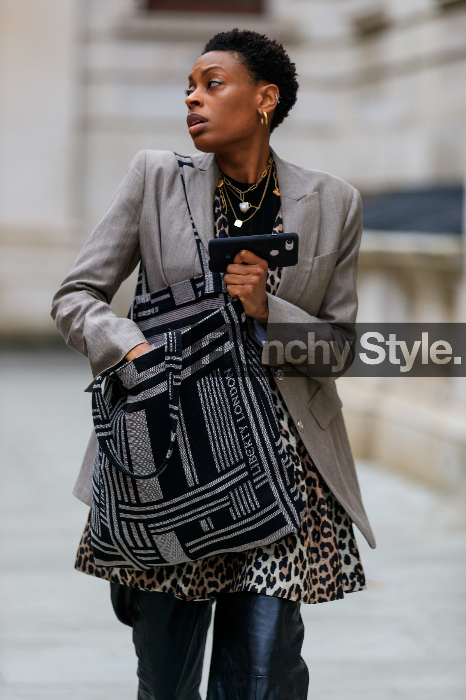 animal print, black bag, black pants, blazer, donna wallace, graphic bag, grey bag, grey jacket, leather bag, leather pants, leopard, necklace, printed bag, short hair, trousers, street style, jonathan paciullo, FW, frenchystyle, fashion week, LFW, LONDON, AUTUMN WINTER 2019-2020, AW 19-20, FW 19-20, FALL WINTER 2019-2020, vertical, atmosphere details, detail