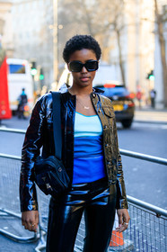 black bag, black jacket, black pants, blue top, leather bag, leather jacket, leather pants, prada, sunglasses, trousers, street style, jonathan paciullo, FW, frenchystyle, fashion week, LFW, LONDON, AUTUMN WINTER 2019-2020, AW 19-20, FW 19-20, FALL WINTER 2019-2020, vertical, atmosphere details, detail