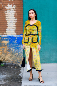 black bag, black shoes, floral, flowers, graphic dress, high heels, leather bag, leather shoes, printed dress, yellow dress, street style, jonathan paciullo, FW, frenchystyle, fashion week, NYFW, NEW YORK, SPRING SUMMER 2019, SS 19, vertical, full length