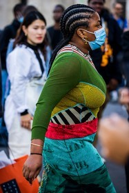 bag, black bag, black boots, boots, color, dots, dress, gold necklace, green dress, jean paul gaultier dress, leather bag, loewe bag, long dress, multicolor, necklace, patchwork, print, printed dress, stripes, studs boots, transparent dress, vinyl boots, fashion week, frenchystyle, FW, jonathan paciullo, street style, PFW, PARIS, SPRING SUMMER 2022, SS 22, vertical, atmosphere details