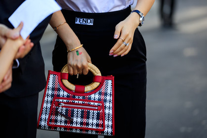 black pants, bracelet, checked, graphic bag, leather bag, plaid, printed bag, red bag, rings, trousers, PFW, fashion week, frenchystyle, FW, jonathan paciullo, street style, PARIS, horizontal, atmosphere details, detail, AUTUMN WINTER 2018-2019, FALL WINTER 2018-2019, FW 18-19
