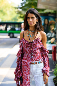 brown belt, chiara totire, cold shoulders, floral, flowers, graphic pants, hippie, leather belt, necklace, printed pants, printed top, red top, striped pants, trousers, white pants, street style, jonathan paciullo, FW, frenchystyle, fashion week, MFW, MILAN, SPRING SUMMER 2019, SS 19, vertical, atmosphere details, detail