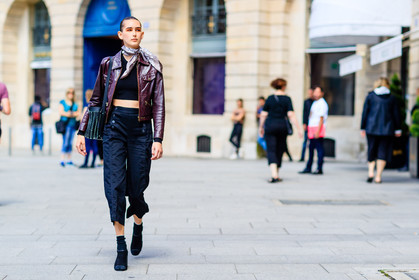 alexia bellini, atmosphere details, AUTUMN WINTER 2016-2017, AW 16-17, beige scarf, black bag, black pants, black shoes, black socks, bordeaux, burgundy, embroidered bag, eyeshadow, FALL WINTER 2016-2017, fashion week, frenchystyle, full length, FW, FW 16-17, HAUTE COUTURE, high heels, horizontal, jonathan paciullo, leather bag, leather jacket, MENSWEAR, model, PARIS, PFW, printed scarf, pulled back hair, red jacket, skincare, street style, suede shoes, trousers, wet hair