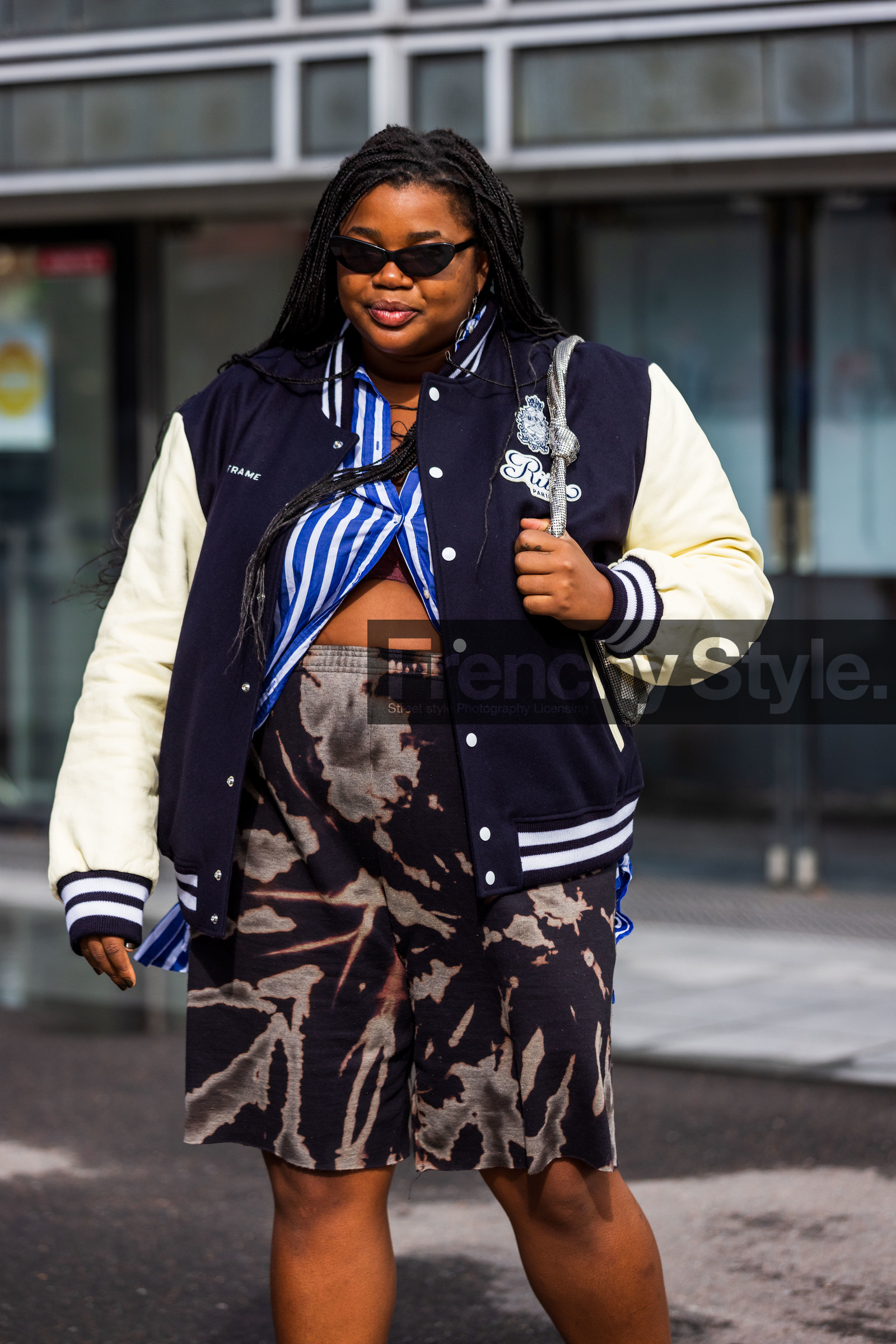 bermuda, black bermuda, black sunglasses, blue shirt, bomber, Gabriella Karefa Johnson, printed bermuda, shirt, shorts, striped shirt, stripes, sunglasses, white bomber, fashion week, frenchystyle, FW, jonathan paciullo, street style, PFW, PARIS, SPRING SUMMER 2022, SS 22, vertical, atmosphere details