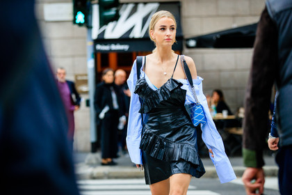 atmosphere details, black dress, blue bag, blue shirt, detail, fashion week, frenchystyle, FW, graphic bag, horizontal, jonathan paciullo, leather bag, leather dress, louis vuitton, MFW, MILAN, off the shoulder, printed bag, ruffle, SPRING SUMMER 2017, SS 17, street style