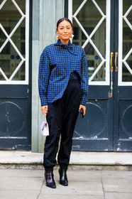 black pants, black shoes, blue shirt, checked, earrings, graphic shirt, high heels, leather bag, leather shoes, plaid, printed shirt, rachael wang, sweatpants, trousers, tucked in, white bag, fashion week, frenchystyle, FW, jonathan paciullo, street style, LFW, LONDON, SPRING SUMMER 2019, SS 19, vertical, full length