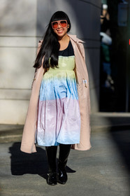 black shoes, graphic dress, high boots, leather shoes, multicolor dress, pink coat, printed dress, stripes, sunglasses, susie lau, varnished leather shoes, fashion week, frenchystyle, FW, jonathan paciullo, street style, PFW, PARIS, AUTUMN WINTER 2019-2020, AW 19-20, FALL WINTER 2019-2020, FW 19-20, vertical, full length