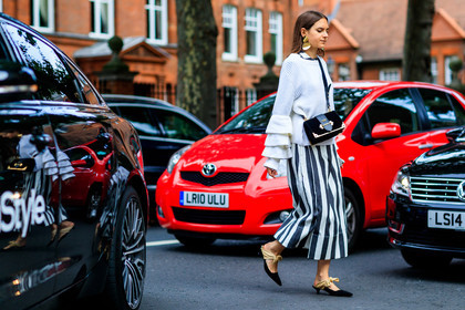 atmosphere details, black shoes, earrings, fashion week, frenchystyle, full length, FW, graphic pants, high heels, horizontal, jonathan paciullo, leather bag, leather shoes, LFW, LONDON, prada, printed pants, SPRING SUMMER 2018, SS 18, street style, striped pants, trousers, white sweater