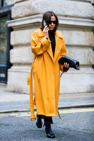 black bag, black shoes, céline, high heels, leather bag, leather coat, leather shoes, orange coat, sunglasses, trousers, street style, jonathan paciullo, FW, frenchystyle, fashion week, LFW, LONDON, AUTUMN WINTER 2019-2020, AW 19-20, FW 19-20, FALL WINTER 2019-2020, vertical, full length
