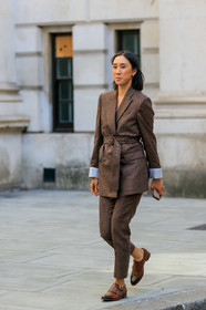 eva chen, brown checked jacket, checked jacket, checked pants, brown checked pants, belted jacket, tailored pants, brown leather loafers, fashion week, frenchystyle, FW, jonathan paciullo, street style, vertical, full length