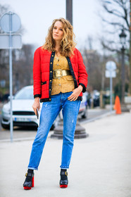 black shoes, blue denim, denim pants, golden belt, golden jacket, golden top, high heels, jeans, leather shoes, red jacket, red shoes, trousers, fashion week, frenchystyle, FW, jonathan paciullo, street style, PFW, PARIS, SPRING SUMMER 2017, SS 17, HAUTE COUTURE, vertical, full length