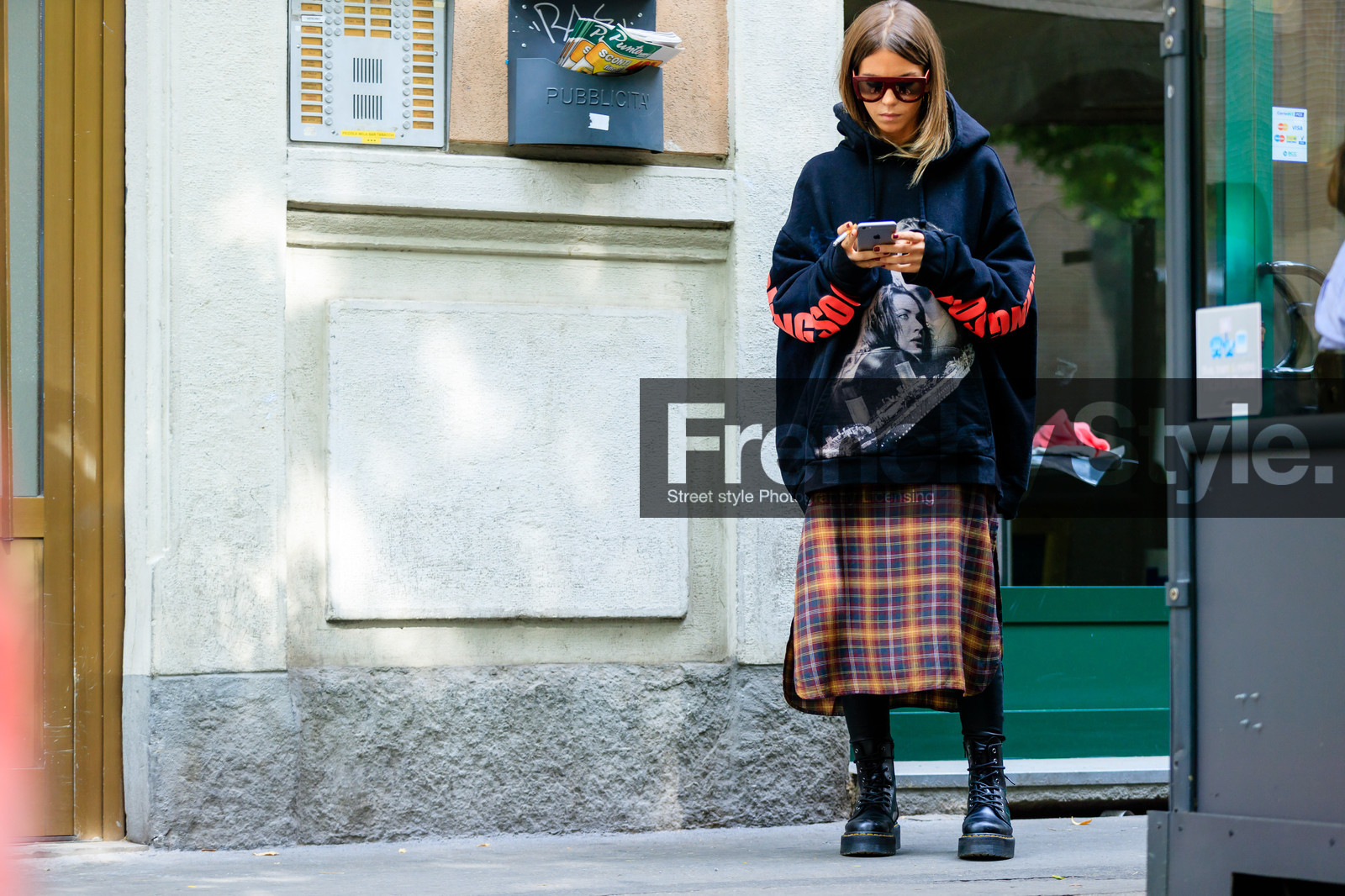 atmosphere details, black boots, black sweater, carola bernard, checked skirt, fashion week, frenchystyle, full length, FW, hoodie, horizontal, jonathan paciullo, leather shoes, MFW, MILAN, plaid, printed skirt, printed sweater, SPRING SUMMER 2017, SS 17, street style, sunglasses, tartan, vêtements