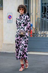 chloe hill, fendi bag, square shape bag, brown bag, polish bag, crossbody bag, prada sandals, flat sandals, red sandals, white leather sandals, studs sandals, multi straps sandals, long dress, lilac dress, floral printed dress, mid long sleeves dress, high collar dress, fashion week, frenchystyle, FW, jonathan paciullo, street style, MFW, MILAN, SPRING SUMMER 2020, SS 20