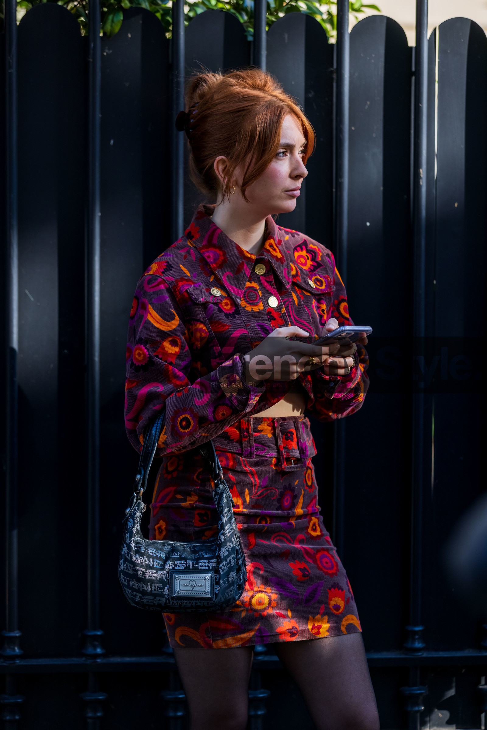 bag, color, corduroy jacket, corduroy skirt, crop jacket, floral print, flower print, grey bag, logo print, multicolor, orange jacket, orange skirt, pink jacket, pink skirt, print, printed bag, purple jacket, purple skirt, skirt, street style, jonathan paciullo, FW, frenchystyle, fashion week, PFW, PARIS, SPRING SUMMER 2022, SS 22, vertical, atmosphere details