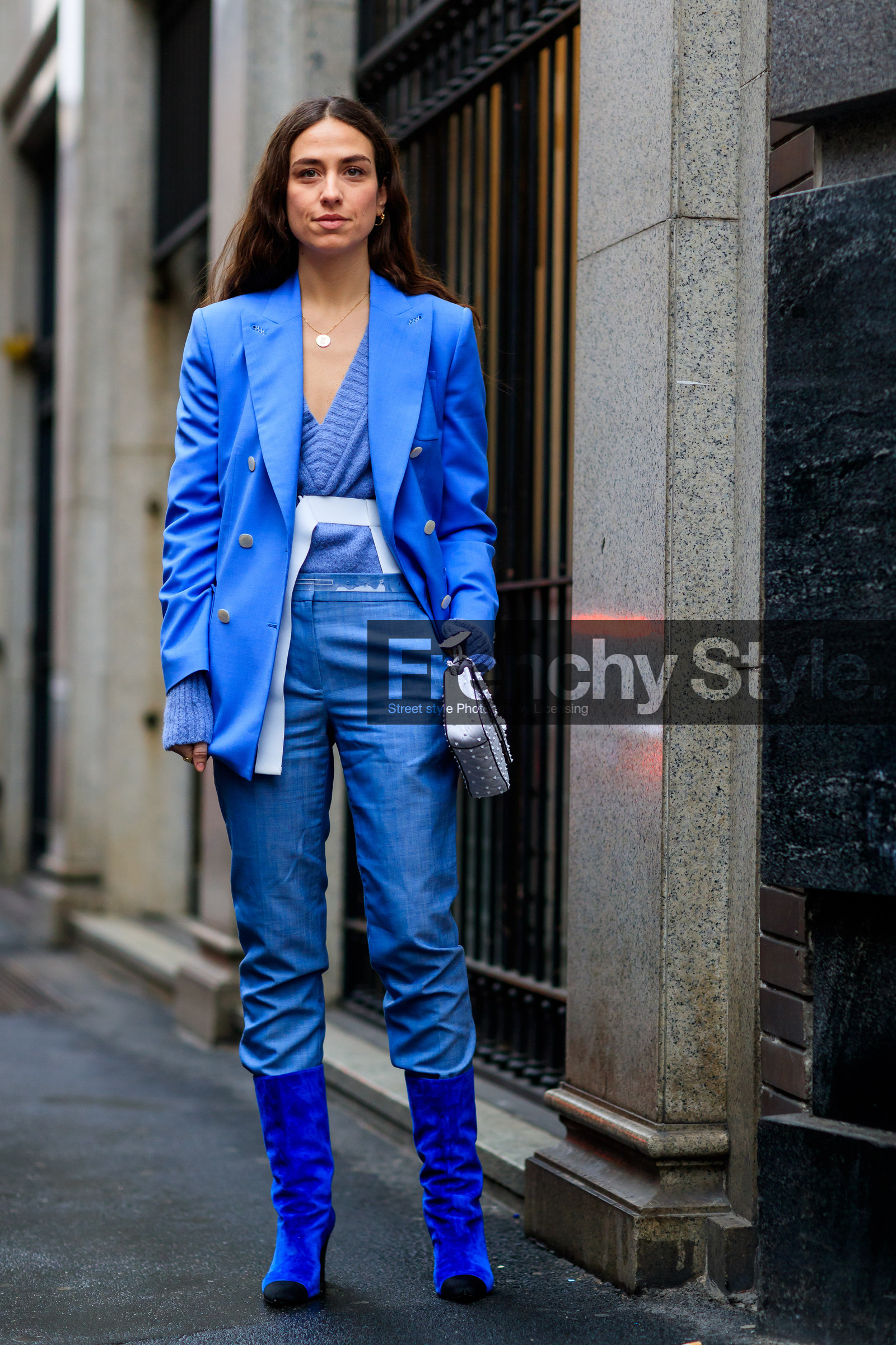 blue boots, blue jacket, blue pants, blue sweater, chanel, high heels, leather bag, leather shoes, suede shoes, trousers, white bag, white belt, fashion week, frenchystyle, FW, jonathan paciullo, street style, MFW, MILAN, AUTUMN WINTER 2018-2019, FALL WINTER 2018-2019, FW 18-19, vertical, full length, erika boldrin