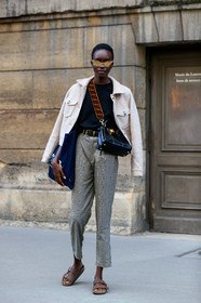 model, black t-shirt, black leather belt, black leather bag, fendi bag, fendi strap bag, logo strap bag, orange strap bag, velvet strap bag, crossbody bag, white jacket, woolen jacket, carrot pants, checked pants, beige pants, sheer sunglasses, eyecat sunglasses, butterfly sunglasses, mirror sunglasses, brown leather sandals, flat sandals, birkenstock shoes, PARIS, PFW, SPRING SUMMER 2020, SS 20, fashion week, frenchystyle, FW, jonathan paciullo, street style, vertical, full length